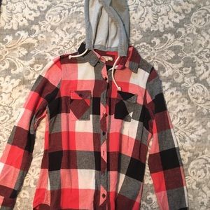 Plaid button up with detachable hoodie